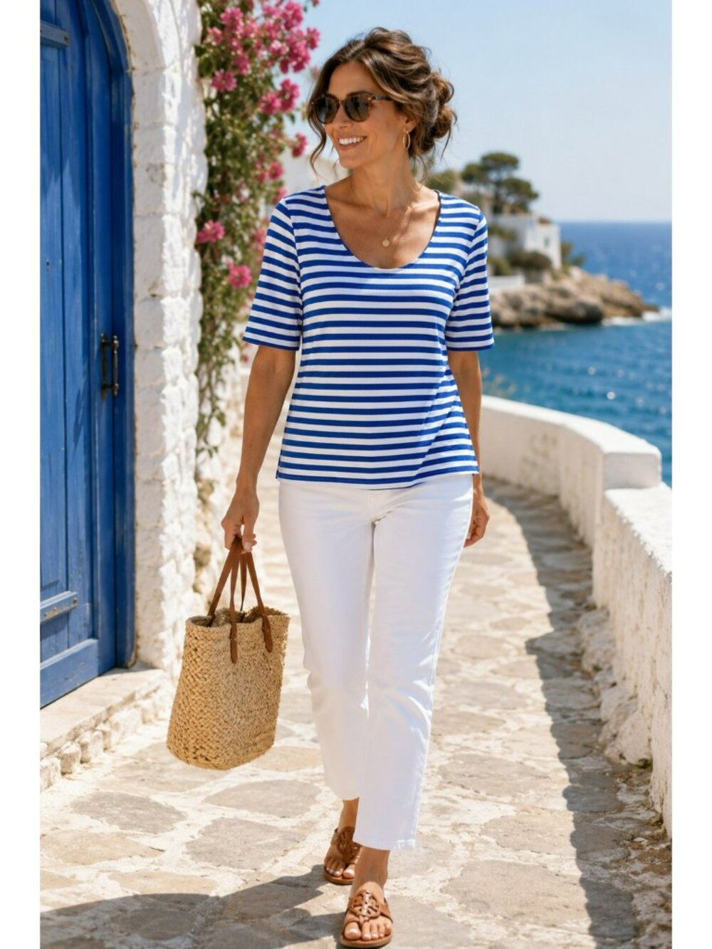 Lauren Ralph Lauren Scoop Neck Striped Short Sleeve Top Womens XL Blue White